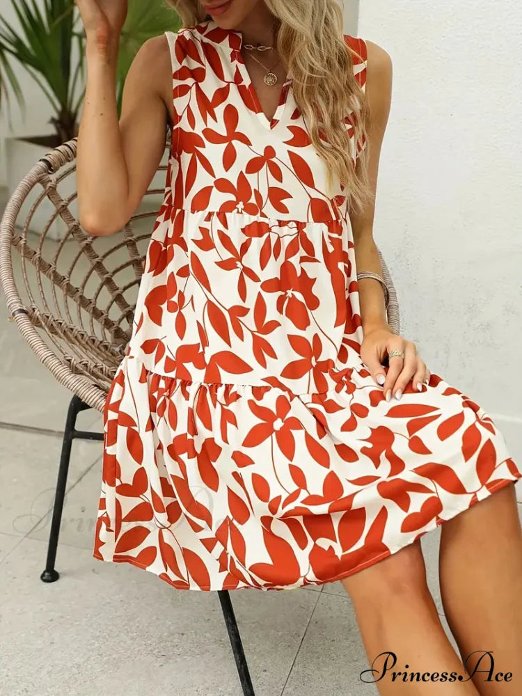 Orange Casual Notched Neck Tiered Dress M / Blue