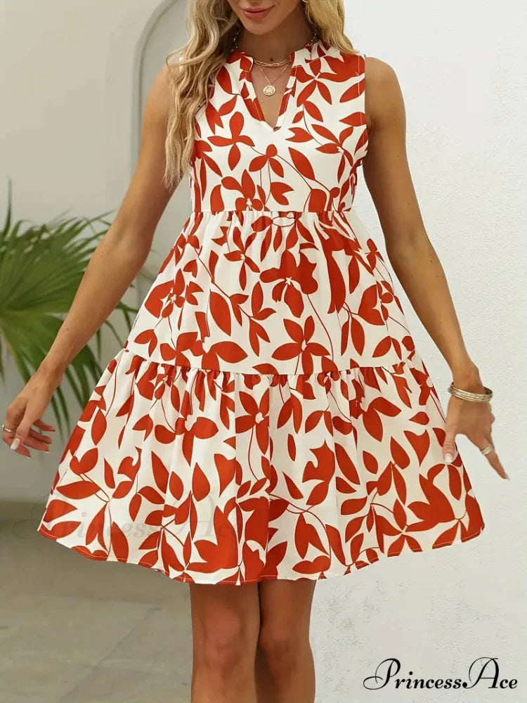 Orange Casual Notched Neck Tiered Dress S / Black