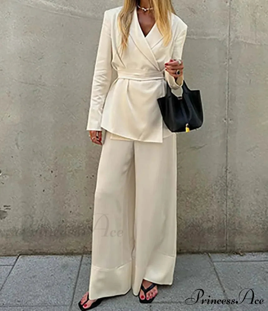 Orange Lace-Up Straight Pants Work Two Piece Set Apricot / S officetwopieceset-250223