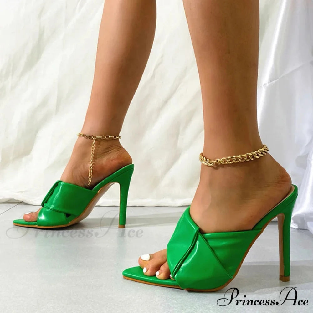 Orange Leather Summer Sandals with Pointed Toe Mules Heels