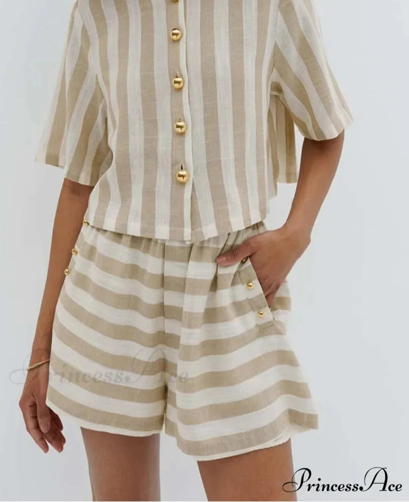 Orange Patterned Short Sleeve Shorts Workplace Two Piece Set Apricot / S officetwopieceset-250223