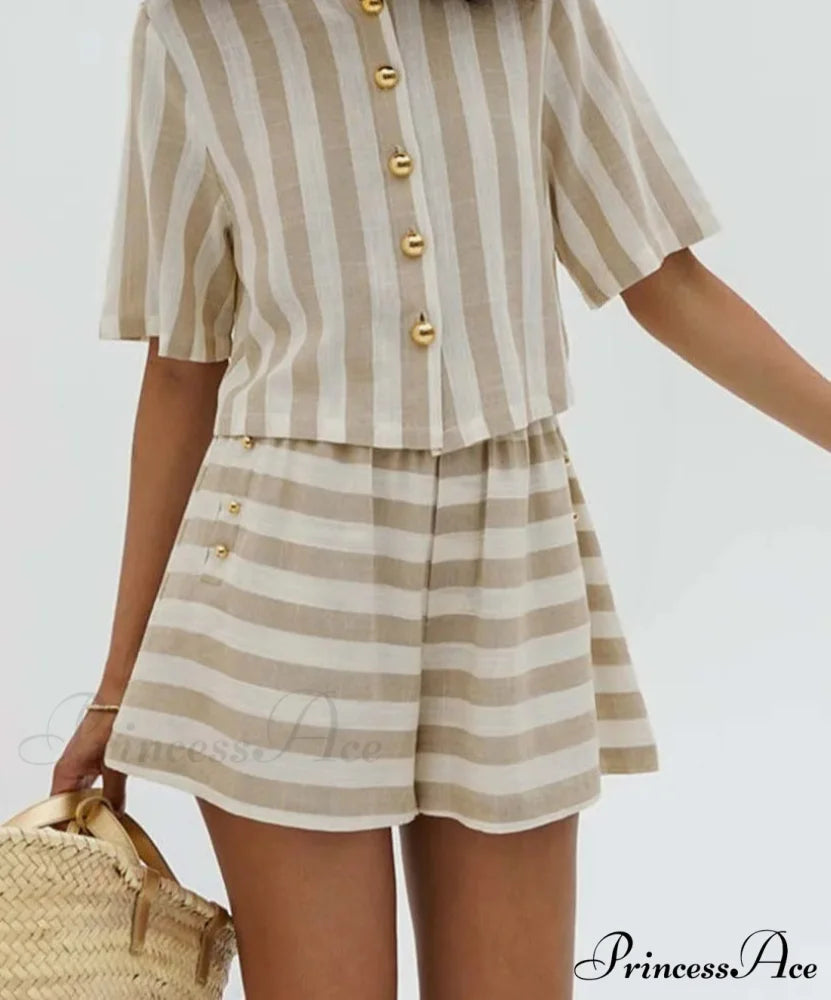Orange Patterned Short Sleeve Shorts Workplace Two Piece Set officetwopieceset-250223