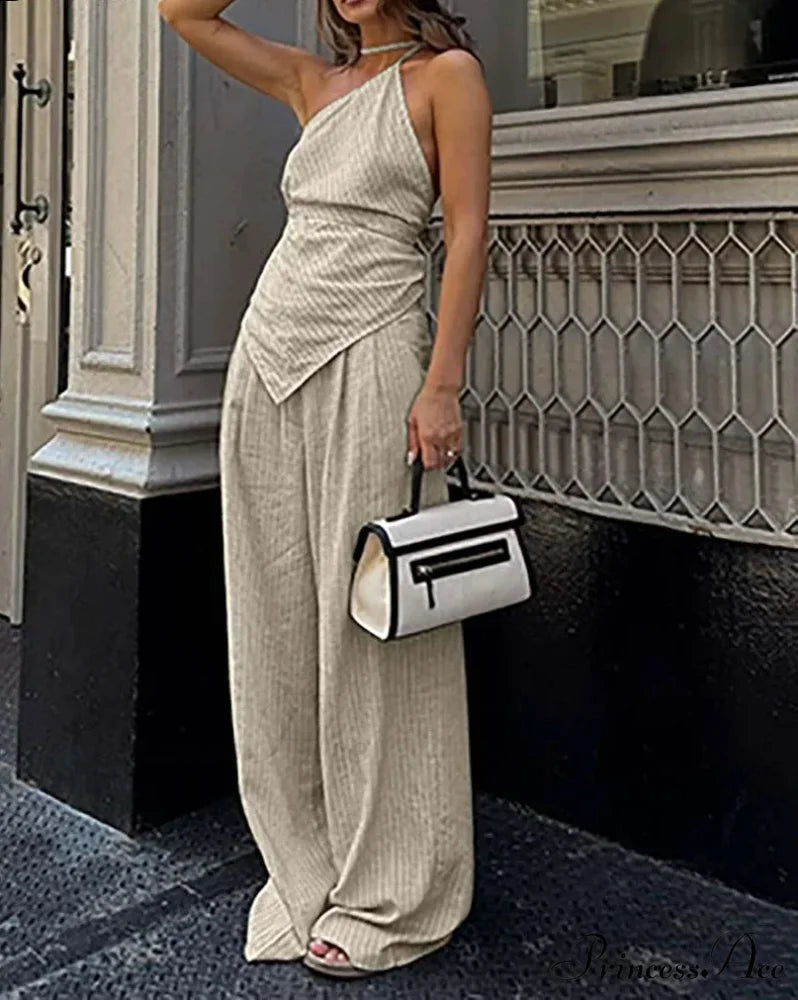 Orange Print Halter Lace-Up Trousers Workplace Two Piece Set Apricot / S officetwopieceset-250223