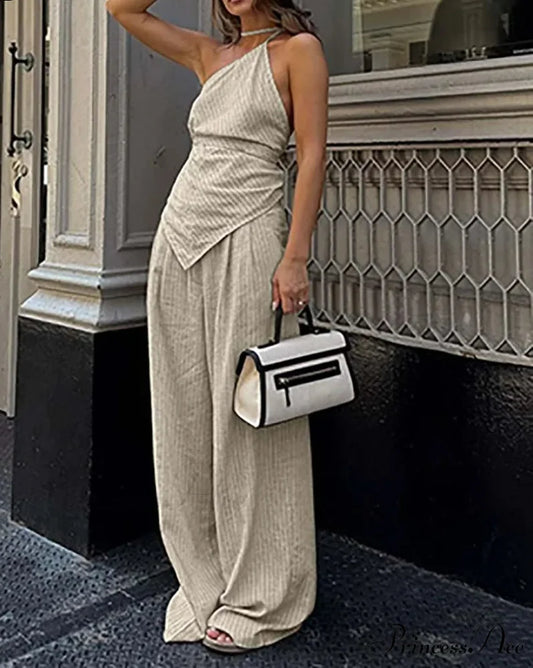Orange Print Halter Lace-Up Trousers Workplace Two Piece Set Apricot / S officetwopieceset-250223