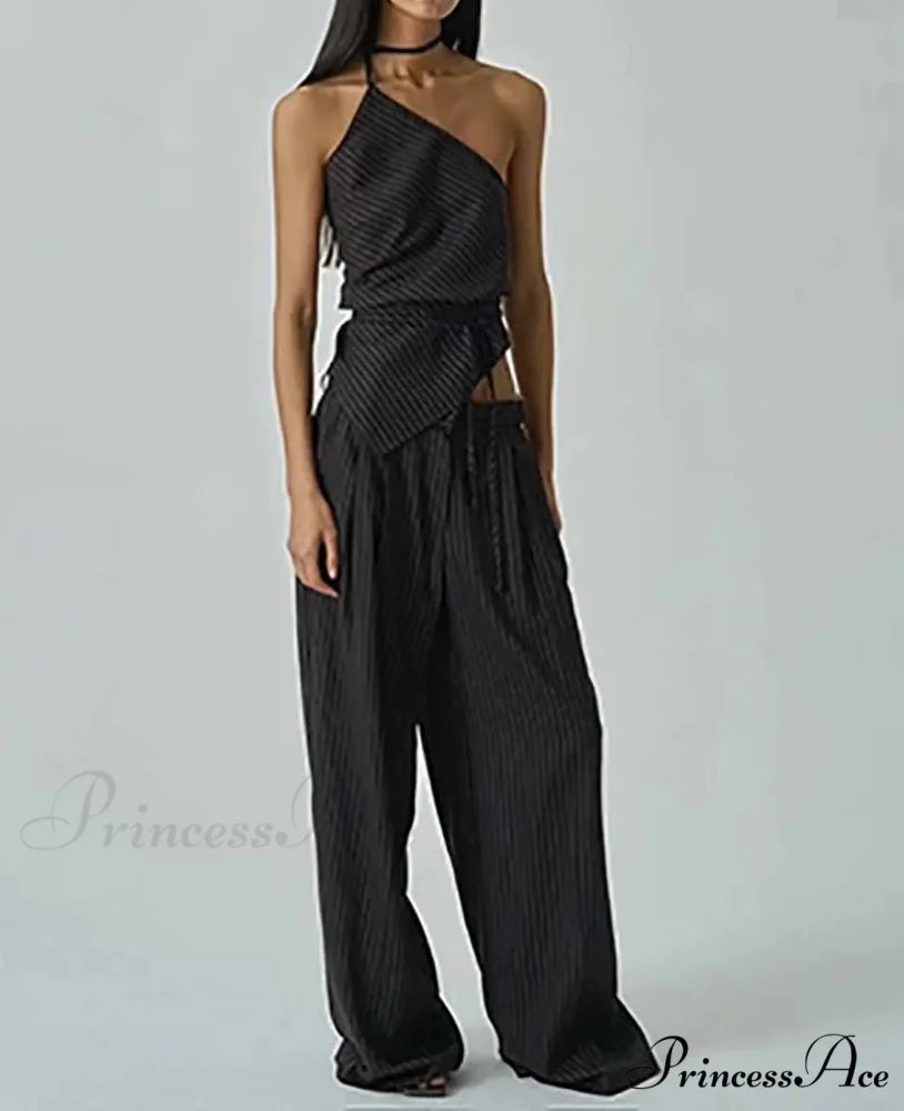 Orange Print Halter Lace-Up Trousers Workplace Two Piece Set Black / S officetwopieceset-250223