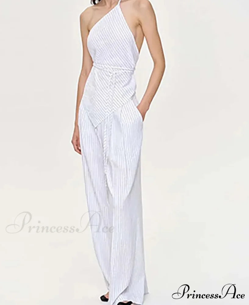 Orange Print Halter Lace-Up Trousers Workplace Two Piece Set WHITE / S officetwopieceset-250223