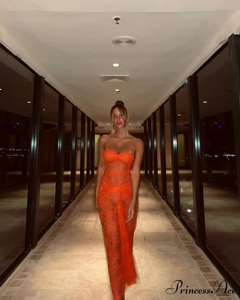 Orange Sheer Lace Charming Draped Tube Maxi Dress