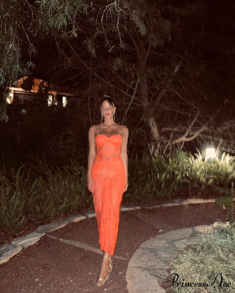 Orange Sheer Lace Charming Draped Tube Maxi Dress Orange / M