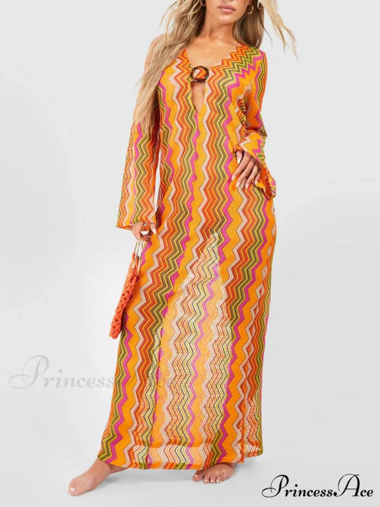 Orange Soda Stripe Print O-Ring Trendy Long Sleeve Beach Maxi Dress