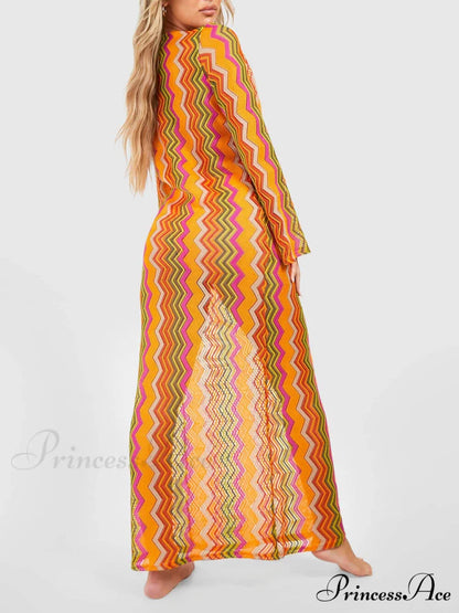 Orange Soda Stripe Print O-Ring Trendy Long Sleeve Beach Maxi Dress