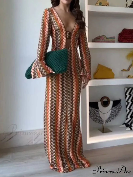Orange Soda Stripe Print O-Ring Trendy Long Sleeve Beach Maxi Dress Orange / S