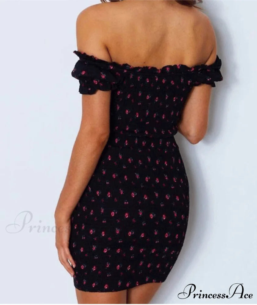 Orange Summer Print Off-The-Shoulder Midi Dress M / BLACK