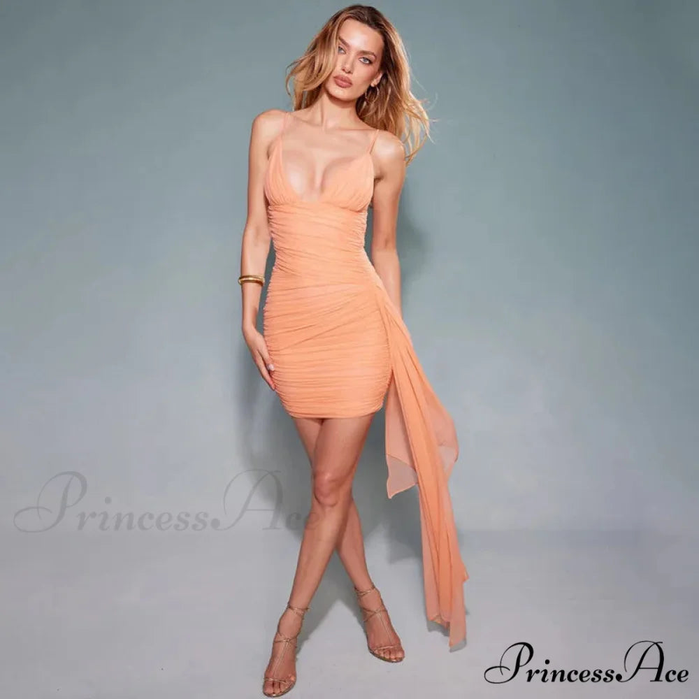 Orange V-neck Bandage Charming Bodycon Mini Dress