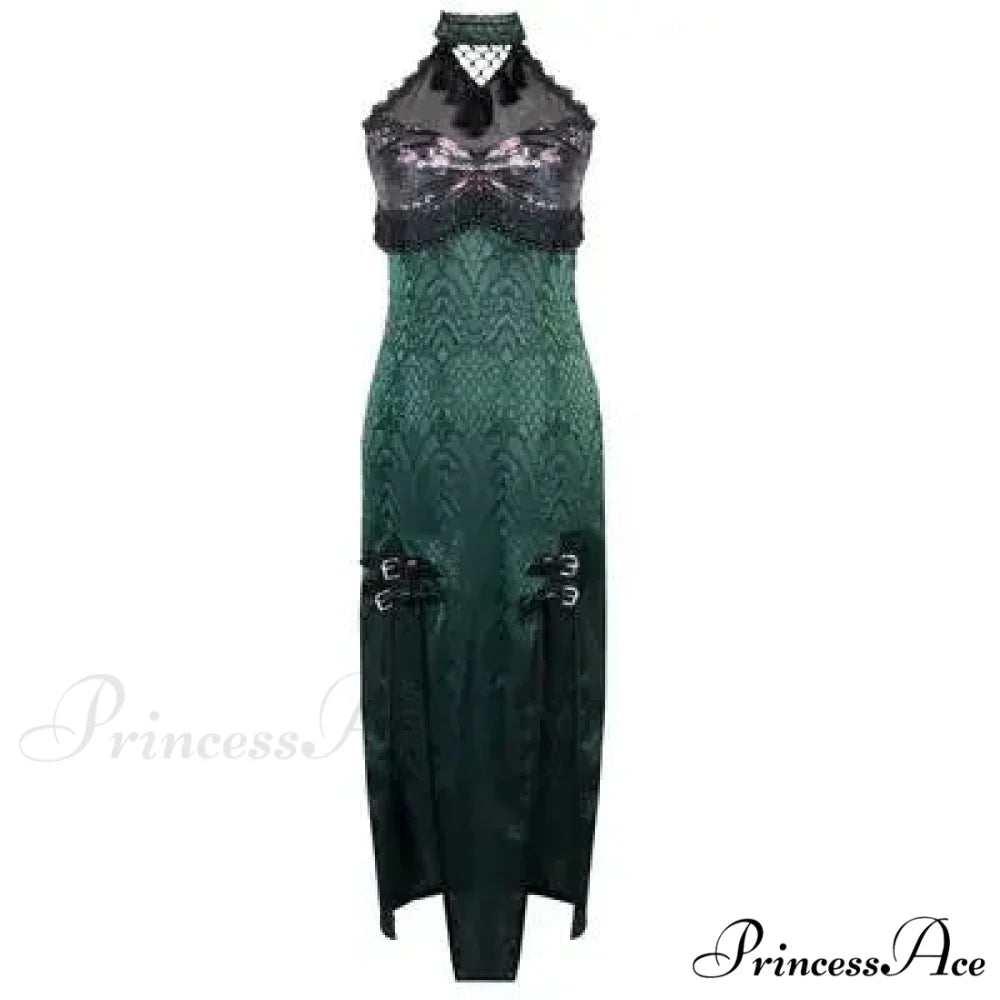 Original Design Summer Dress Snake Halter Neck Mesh Patch New Sexy Gothic Cheongsam High Slit Dress Green / S