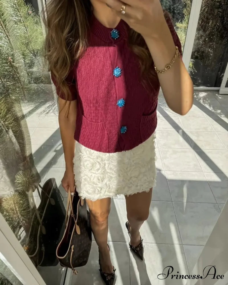 Ornament Button Short Sleeve Circular Neck Cardigan Dark red / S cardigans-241228