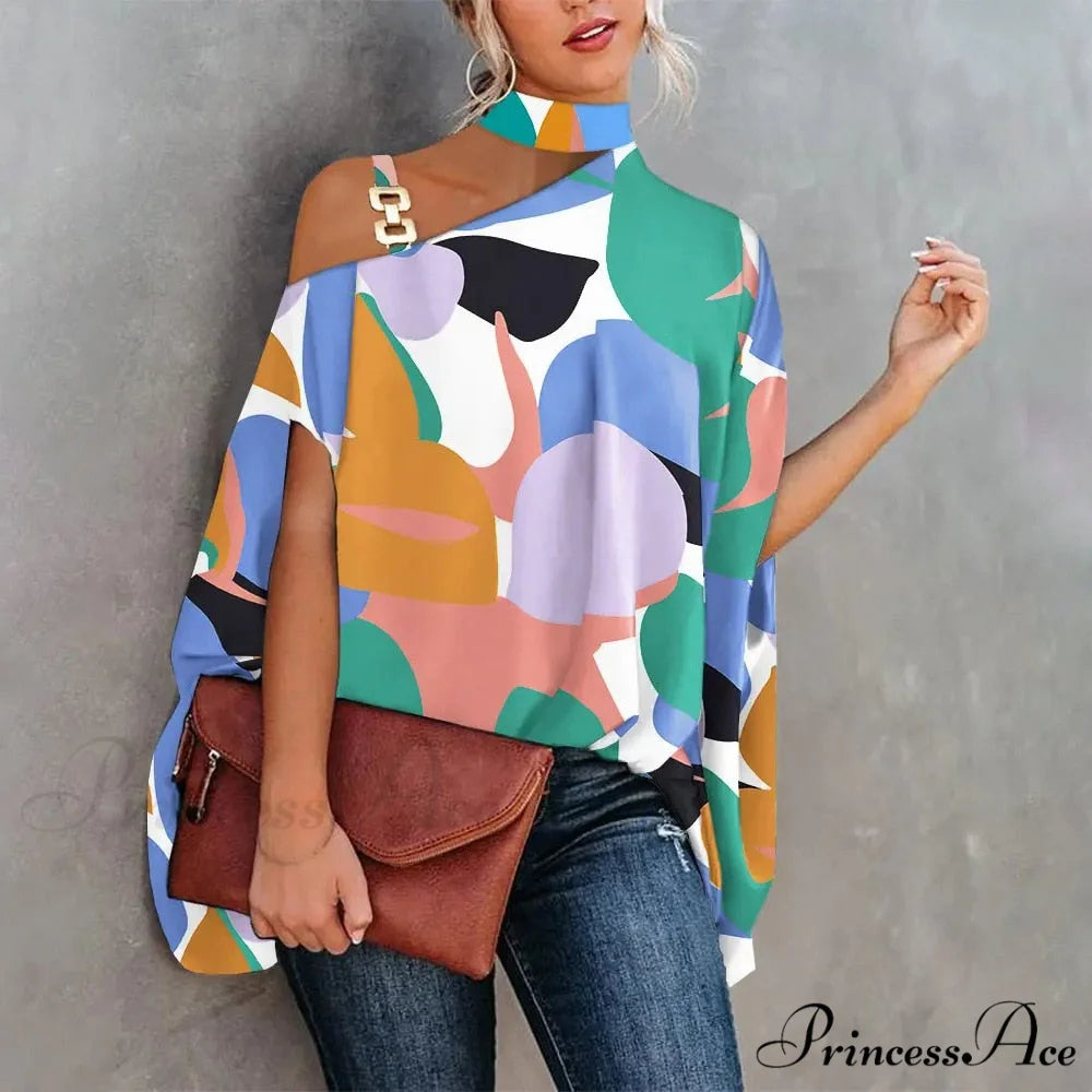 Out Warm-Season Youth Metal Patchwork Top Blouse Halter Brief Casual Design Hollow Arm New Blue / S