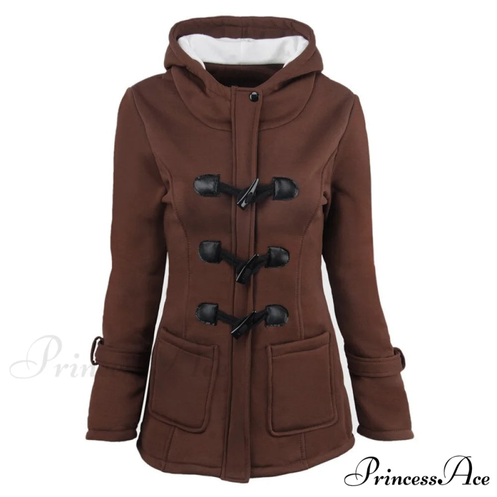 Overcoat Zipper Causal Hooded Coat Brown / S