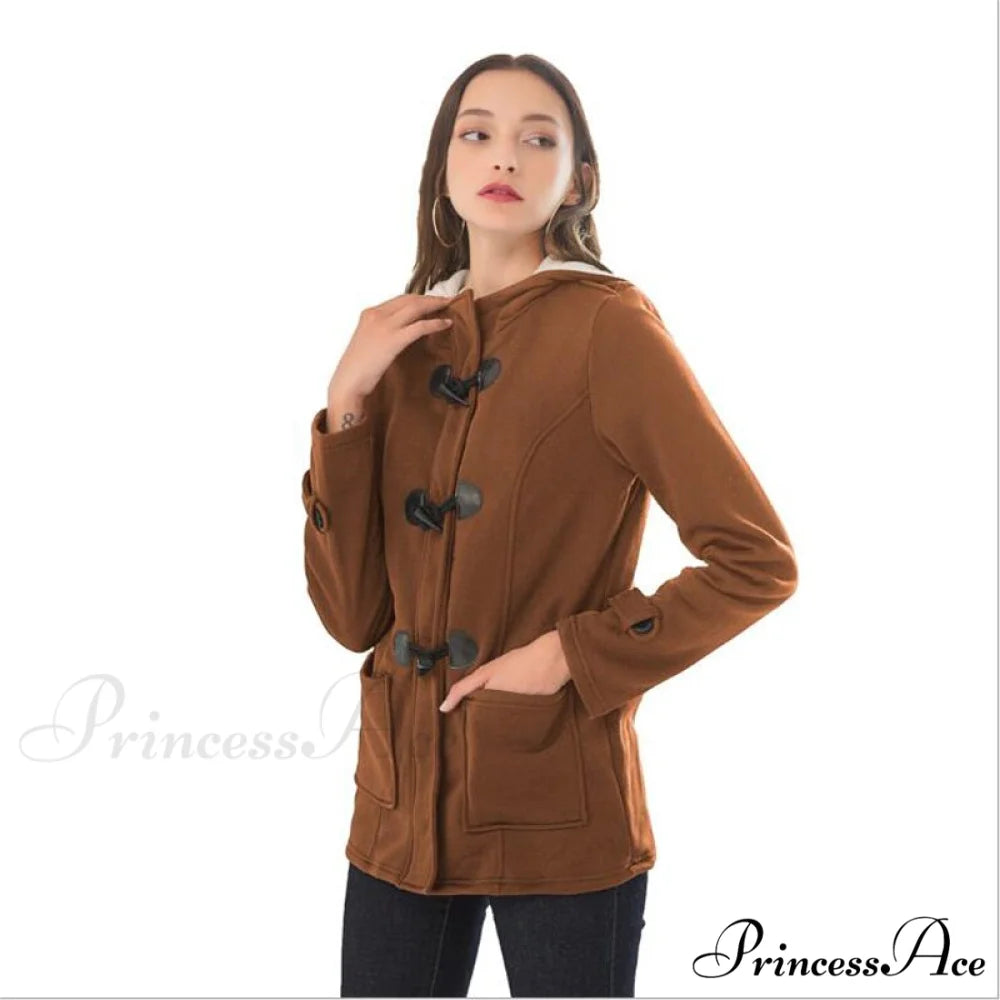 Overcoat Zipper Causal Hooded Coat Camel / S