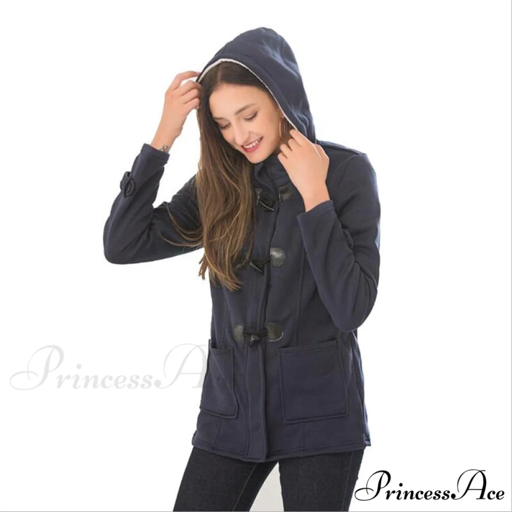 Overcoat Zipper Causal Hooded Coat Navy / S