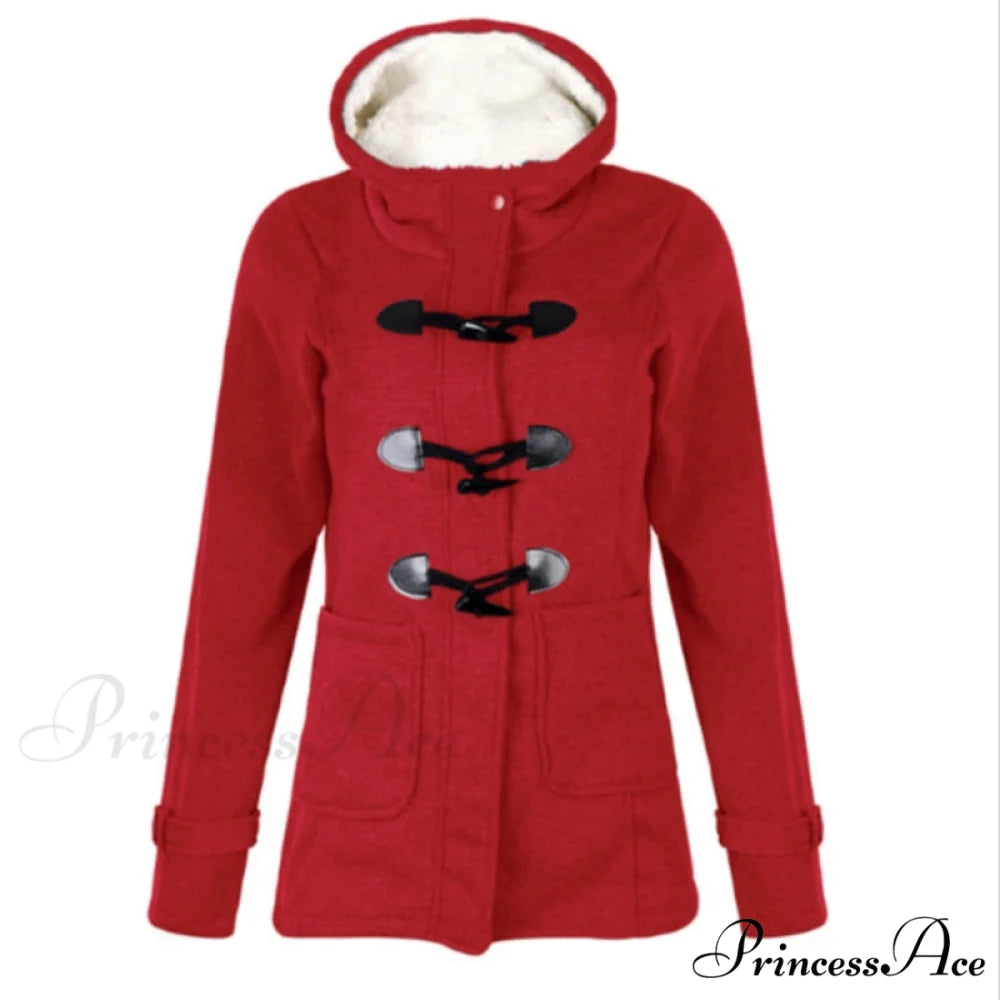 Overcoat Zipper Causal Hooded Coat Red / S