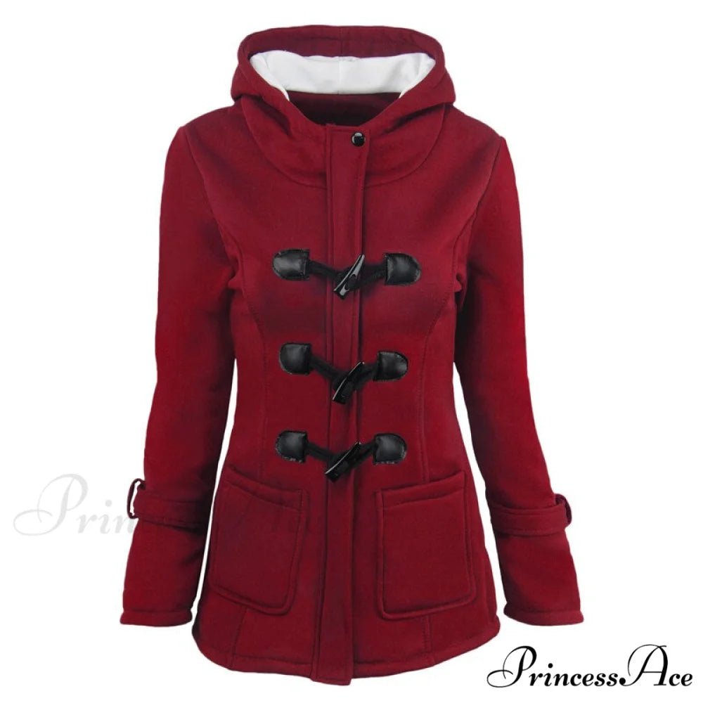 Overcoat Zipper Causal Hooded Coat Red Wine / S