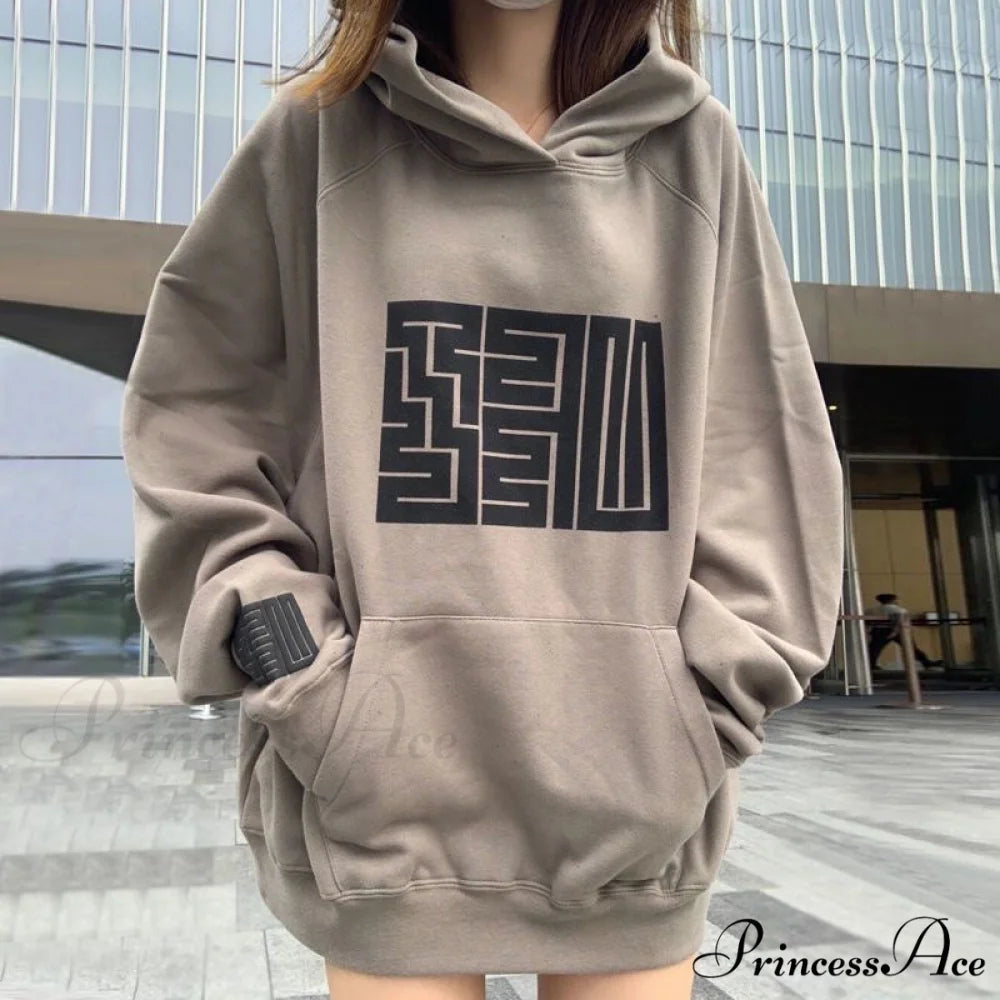 Oversize Graphic Print Hoody Pullover GREY / M