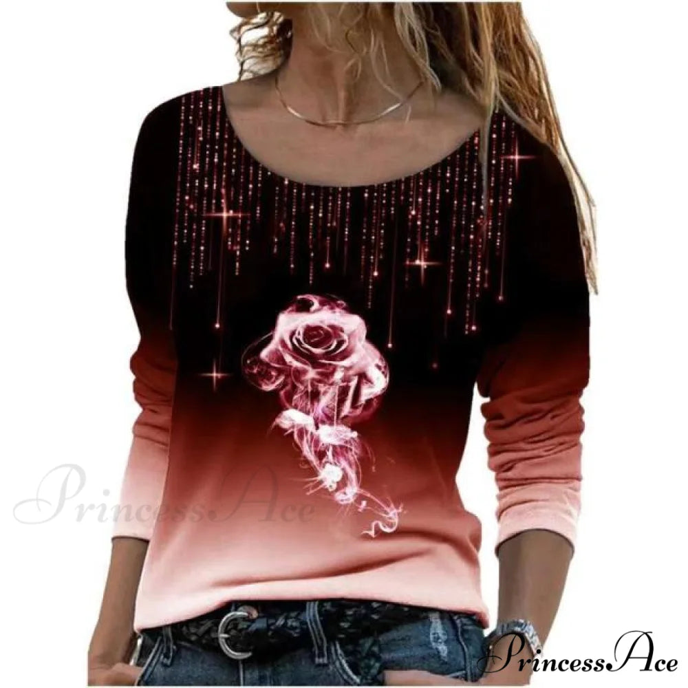 Oversize Long Sleeve O-Neck Printed Shirts Coral Red / S