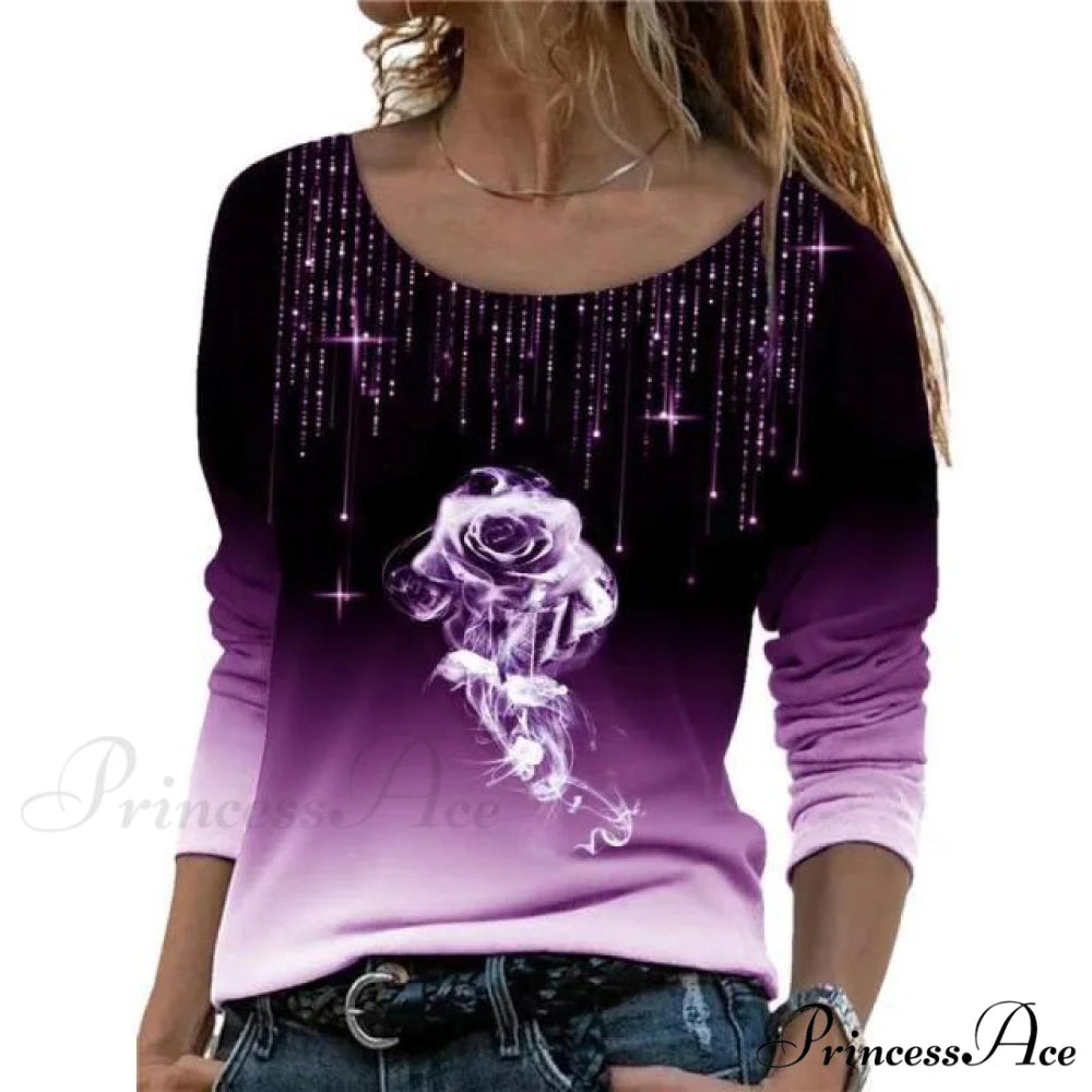 Oversize Long Sleeve O-Neck Printed Shirts Purple / S