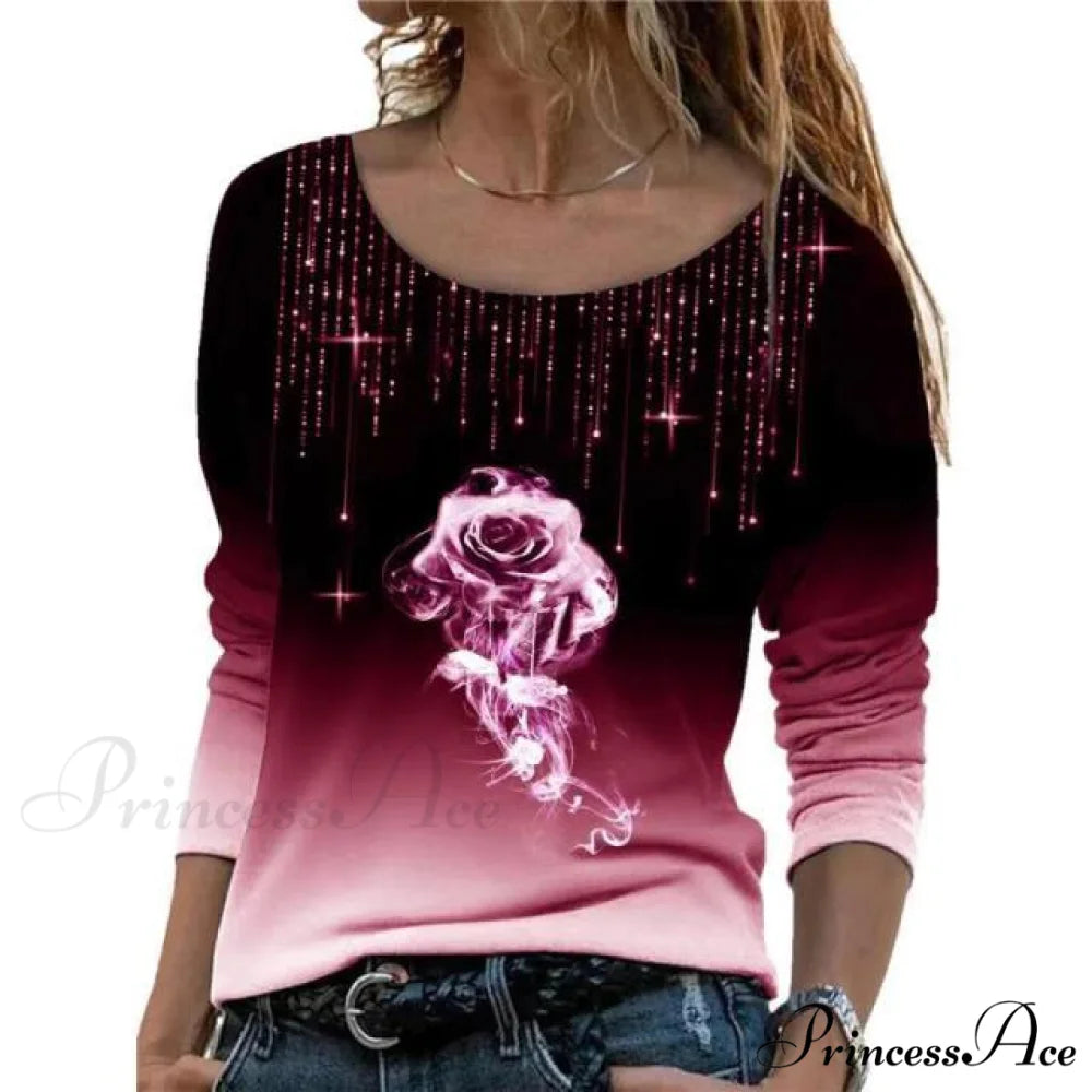 Oversize Long Sleeve O-Neck Printed Shirts Rose Red / S