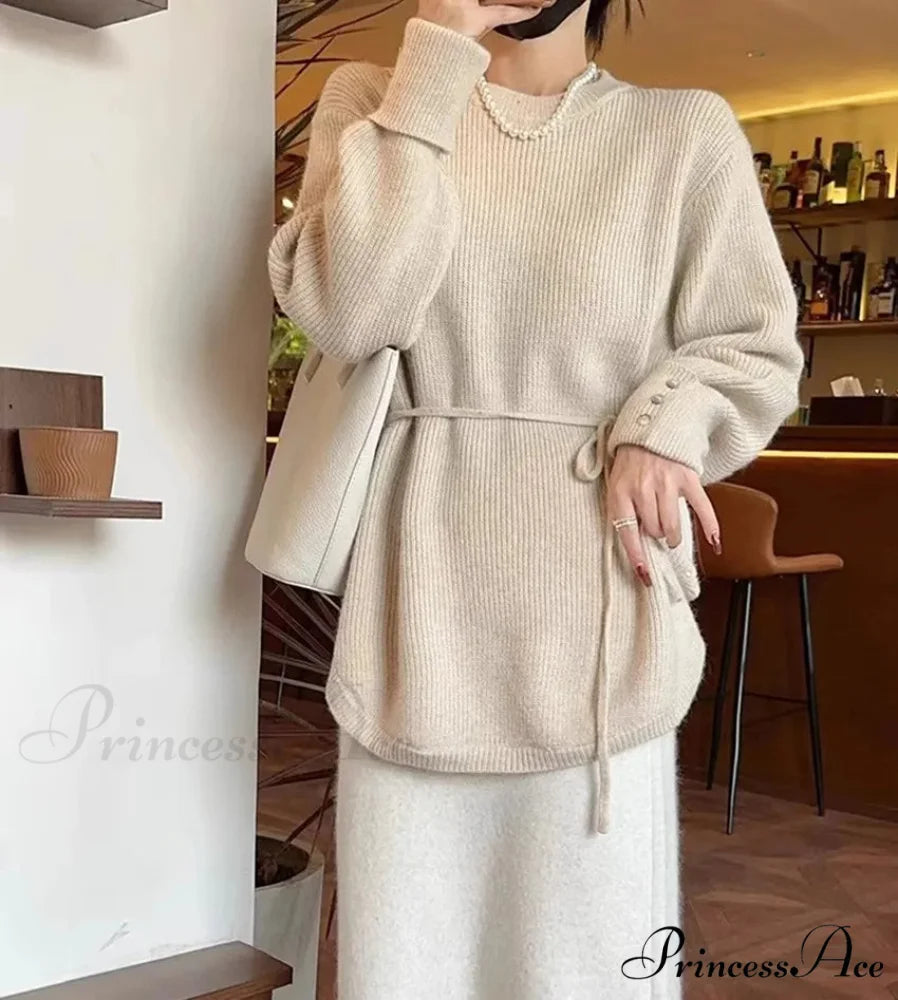 Oversize Thick Red Knitting Warm Casual Lantern Sleeve Christmas Sweater Beige / One Size