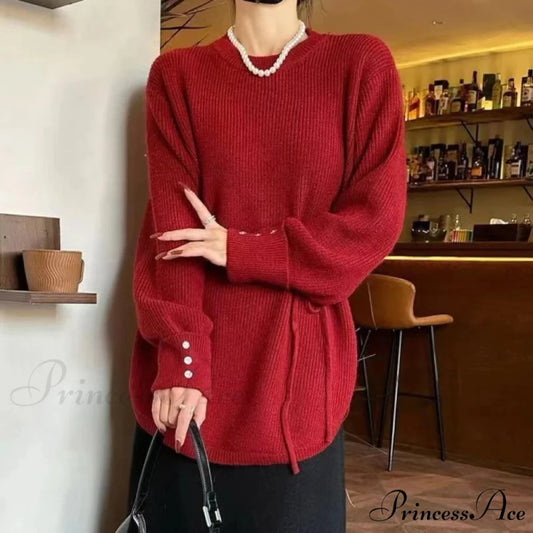 Oversize Thick Red Knitting Warm Casual Lantern Sleeve Christmas Sweater Red / One Size