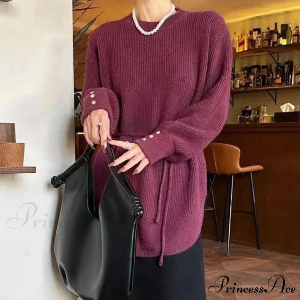 Oversize Thick Red Knitting Warm Casual Lantern Sleeve Christmas Sweater PURPLE / One Size