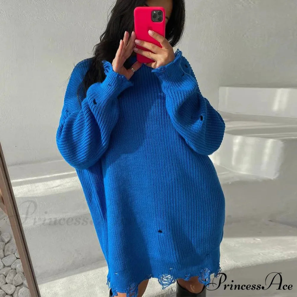 Oversized Casual Sexy Club Y2K Women Knitted Green O Neck Christmas Sweater blue / S