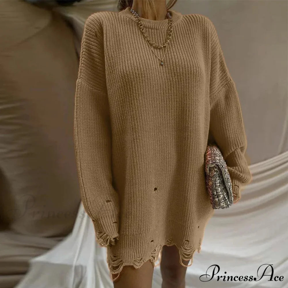 Oversized Casual Sexy Club Y2K Women Knitted Green O Neck Christmas Sweater brown / S