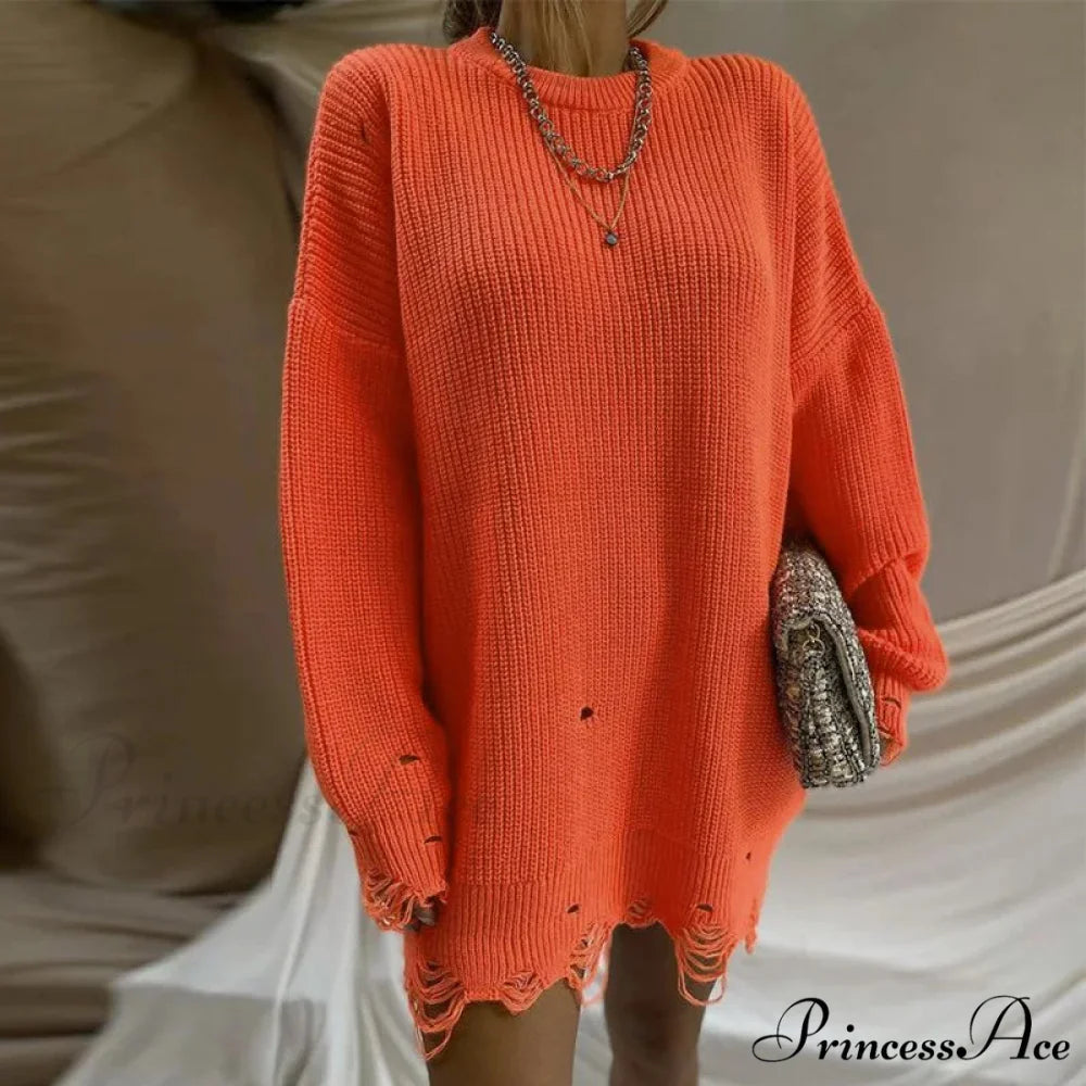 Oversized Casual Sexy Club Y2K Women Knitted Green O Neck Christmas Sweater orange / S