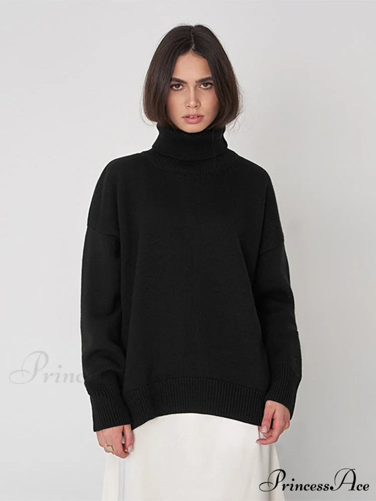 Oversized Casual Turtleneck Solid Color Pollover Sweater Black / One Size