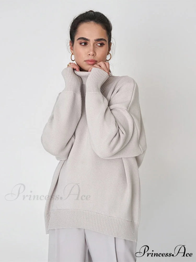 Oversized Casual Turtleneck Solid Color Pollover Sweater Grey / One Size