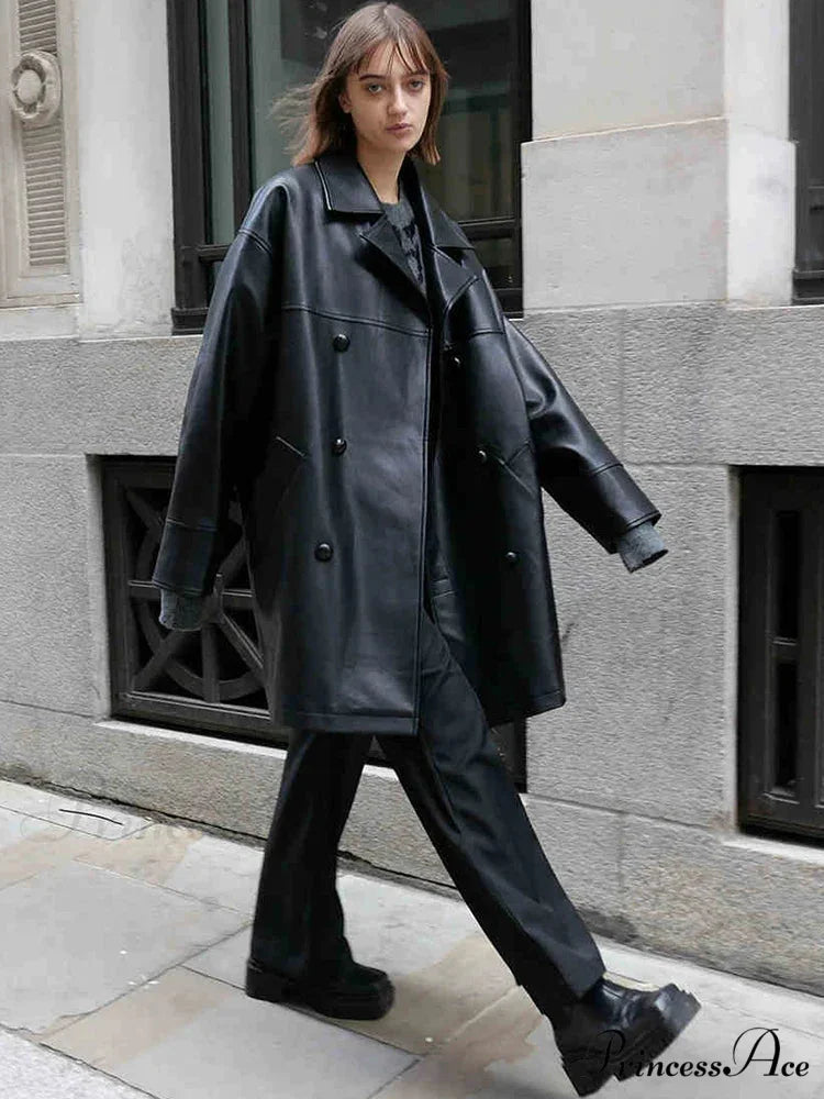 Oversized Cool Pu Leather Long Sleeve Double Breasted Casual Loose Autumn Clothing Stylish Coat Black / S