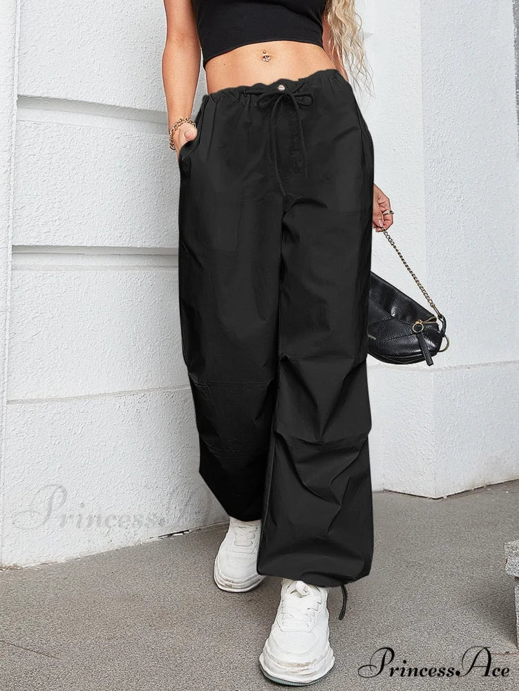 Oversized Drawstring Low Waist Slant Pocket Cargo Parachute Pants Black / XS
