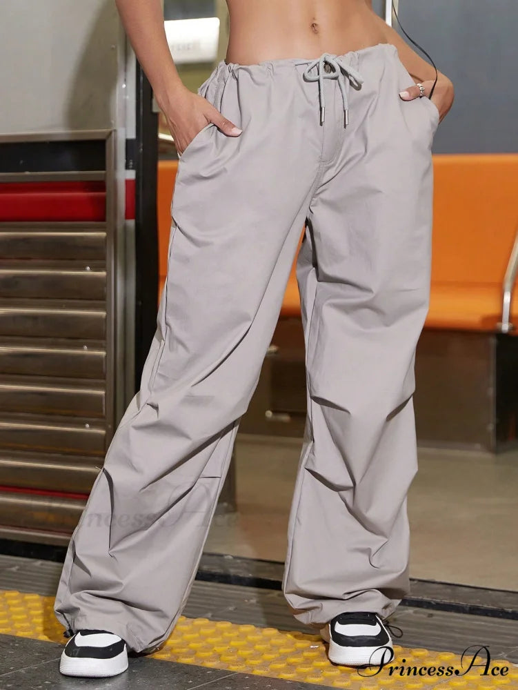 Oversized Drawstring Low Waist Slant Pocket Cargo Parachute Pants Light Grey / XS