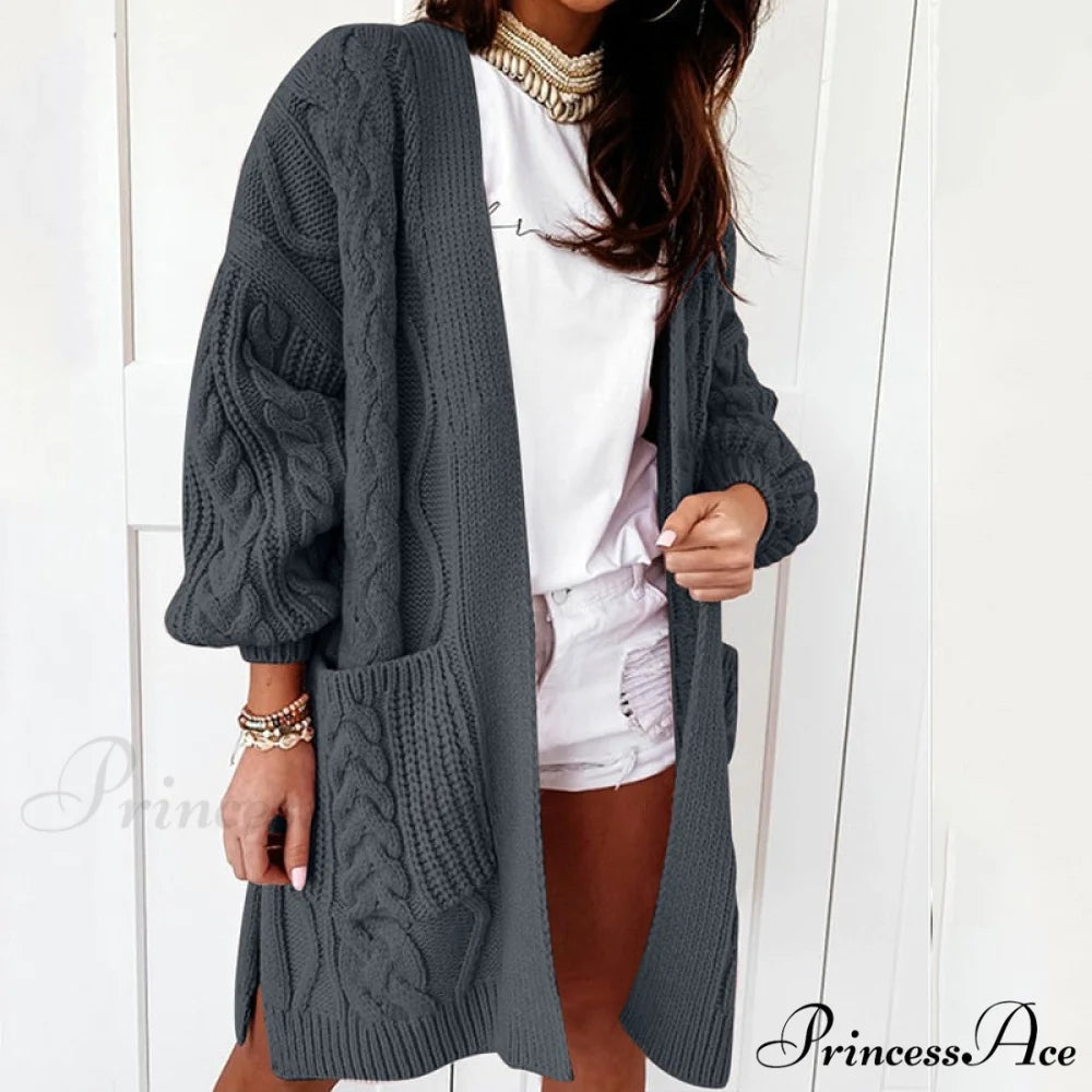 Oversized Lantern Sleeve Knitted Sweater Warm Long Cardigan dark gray / S