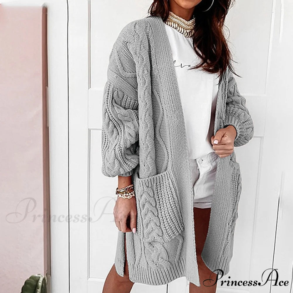 Oversized Lantern Sleeve Knitted Sweater Warm Long Cardigan gray / S