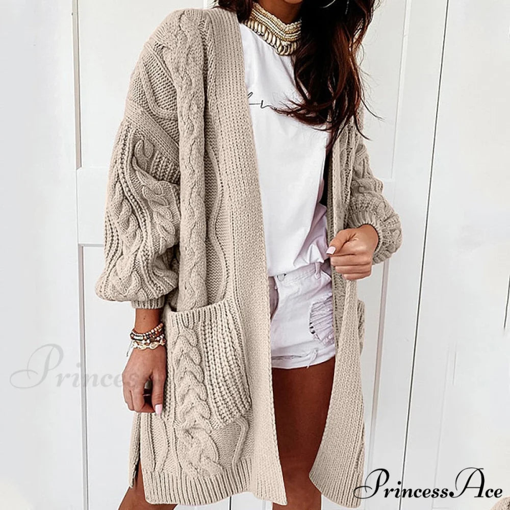 Oversized Lantern Sleeve Knitted Sweater Warm Long Cardigan khaki / S