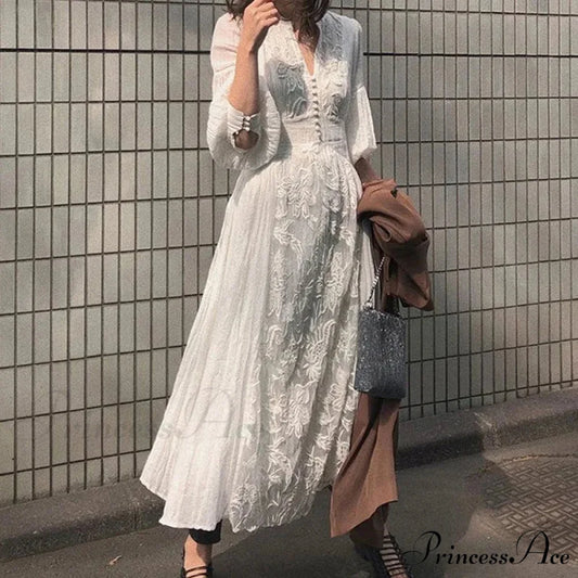 Oversized Long Sleeve Floral Ethnic Boho Dress White / S bohodress-250126