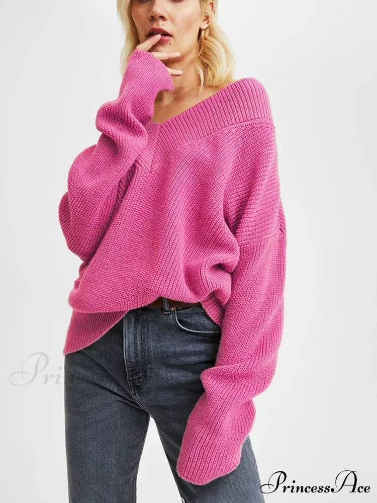 Oversized Loose Long Sleeve Solid Green Fashion Knitted Christmas Sweater Rose Red / S