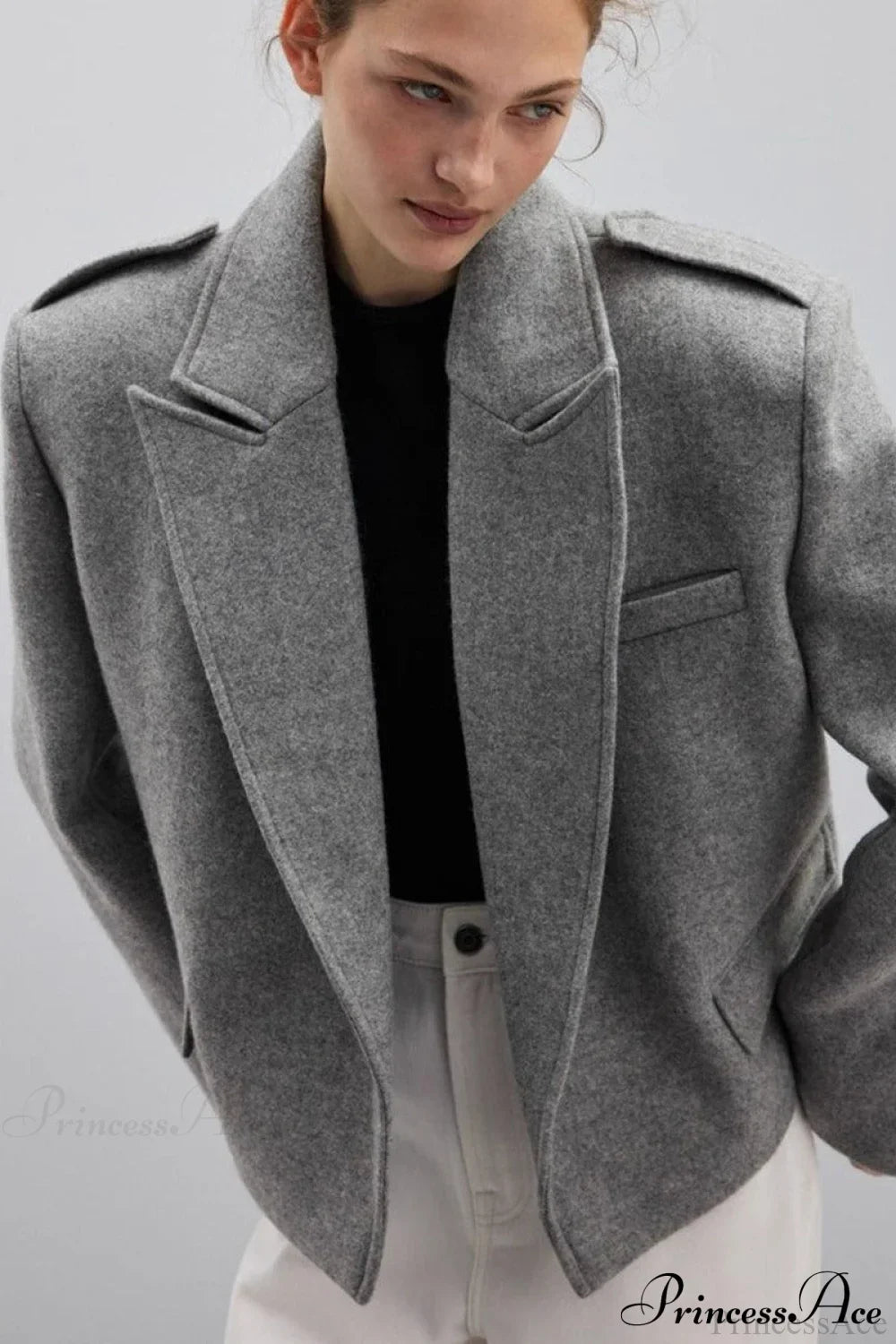 Oversized Notch Lapel Epaulette Woolen Blazer Grey / S