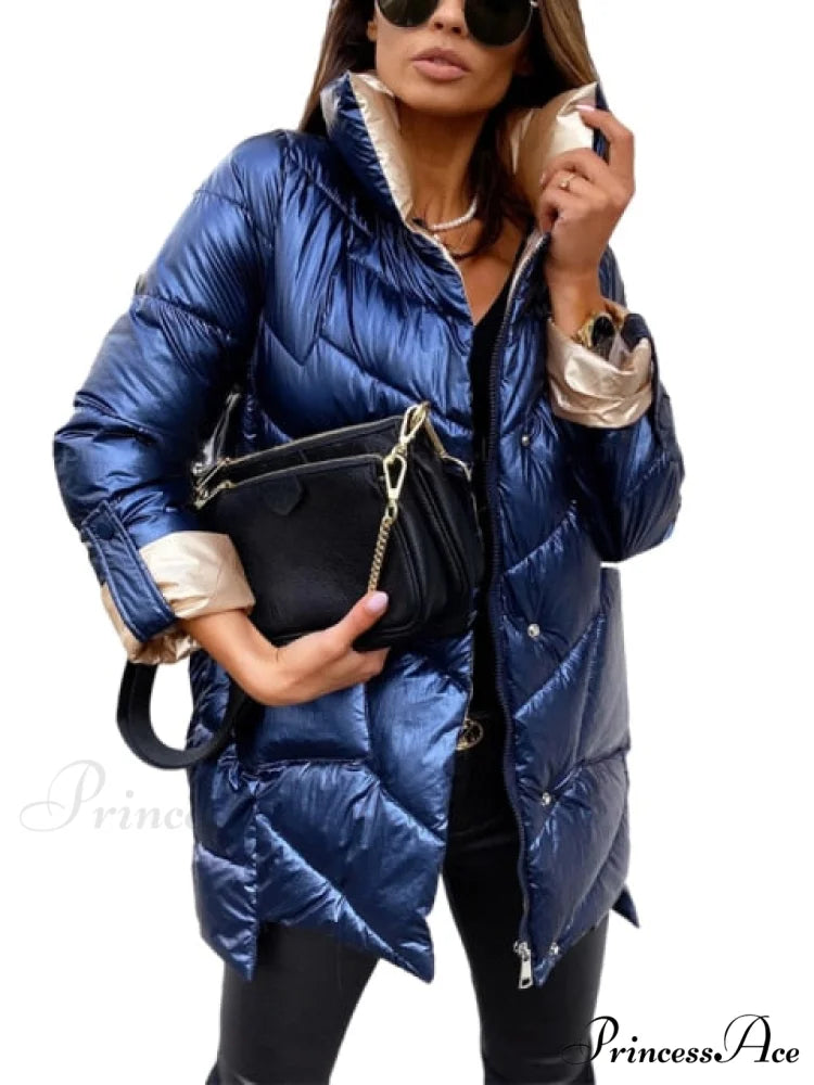 Oversized Outerwear Casual Cotton Padded Coat Blue / M