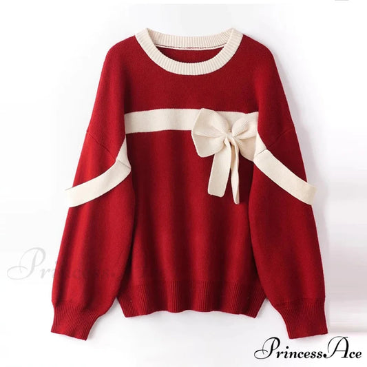 Oversized Red Bow Winter Patchwork Soft Long Sleeve Christmas Sweater Red / One Size
