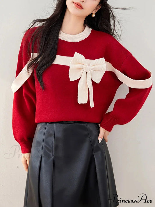 Oversized Red Bow Winter Patchwork Soft Long Sleeve Christmas Sweater Red / One Size