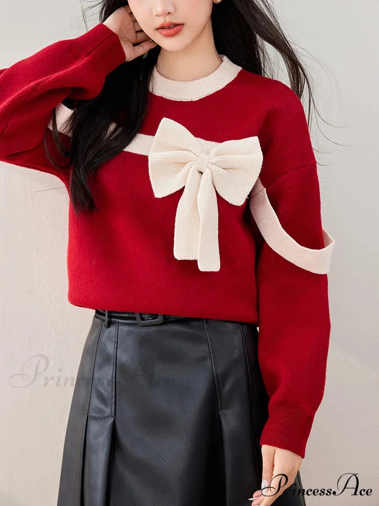 Oversized Red Bow Winter Patchwork Soft Long Sleeve Christmas Sweater Red / One Size